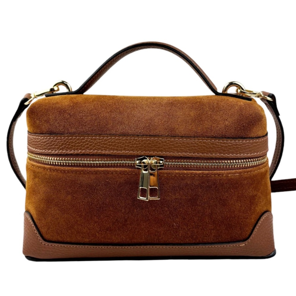 Brown Suede Top-Handle Satchel with Gold Hardware